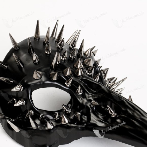 Steampunk Raven Skull Plague doctor Bird With Silver Spikes Halloween Black Mask - Picture 3 of 3